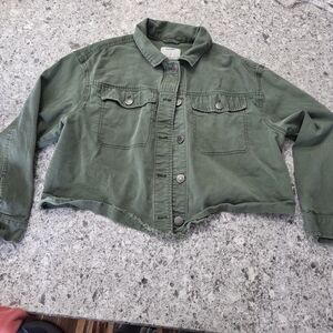 Old Navy Women's Sage Green Short Denim Jacket Frayed Bottom Size Large